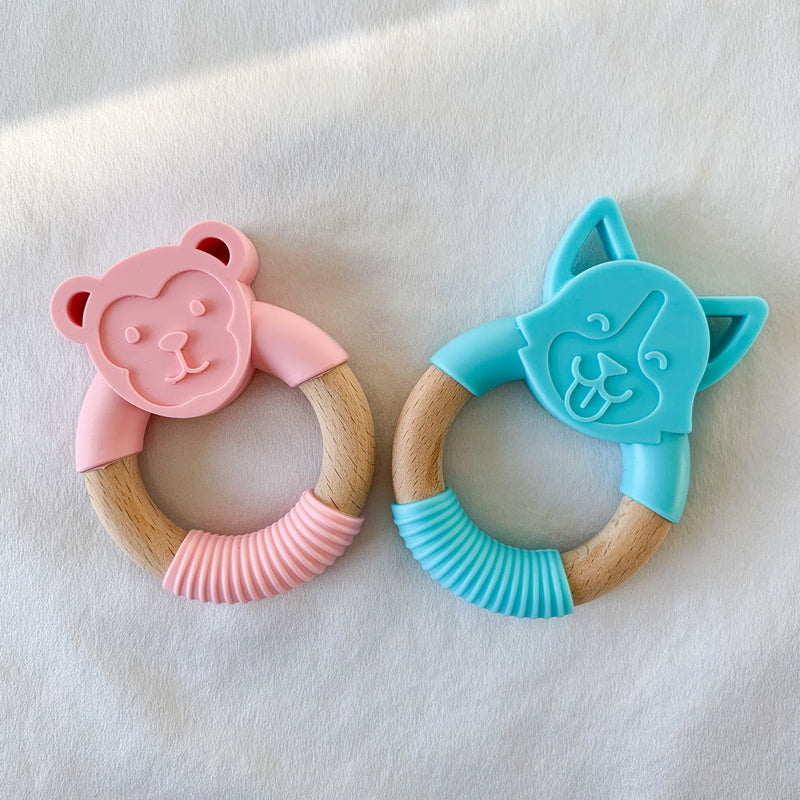 Silicone & Wood Ring Teether - Blue Fox