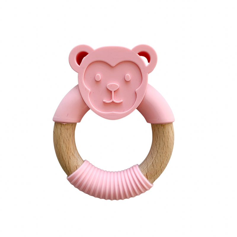 Silicone & Wood Teether - Pink Monkey